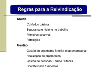 Saúde C uidados básicos Segurança e higiene no trabalho  Primeiros socorros Patologias Gestão Gestão do orçamento familiar e ou empresarial  Realização de orçamentos Gestão de pessoas/ Tempo / Stocks Contabilidade / Impostos Regras para a Reivindicação  
