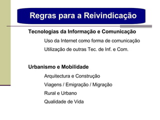 Tecnologias da Informação e Comunicação Uso da Internet como forma de comunicação Utilização de outras Tec. de Inf. e Com.  Urbanismo e Mobilidade Arquitectura e Construção  Viagens / Emigração / Migração Rural e Urbano  Qualidade de Vida Regras para a Reivindicação  