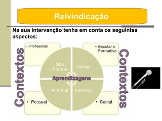 Reivindicação  Na sua intervenção tenha em conta os seguintes aspectos: 