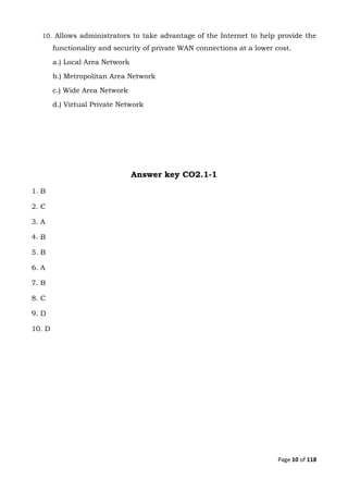 Page 10 of 118
10. Allows administrators to take advantage of the Internet to help provide the
functionality and security of private WAN connections at a lower cost.
a.) Local Area Network
b.) Metropolitan Area Network
c.) Wide Area Network
d.) Virtual Private Network
Answer key CO2.1-1
1. B
2. C
3. A
4. B
5. B
6. A
7. B
8. C
9. D
10. D
 