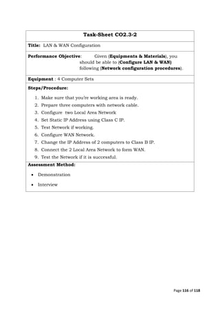 Page 116 of 118
Task-Sheet CO2.3-2
Title: LAN & WAN Configuration
Performance Objective: Given (Equipments & Materials), you
should be able to (Configure LAN & WAN)
following (Network configuration procedures).
Equipment : 4 Computer Sets
Steps/Procedure:
1. Make sure that you’re working area is ready.
2. Prepare three computers with network cable.
3. Configure two Local Area Network
4. Set Static IP Address using Class C IP.
5. Test Network if working.
6. Configure WAN Network.
7. Change the IP Address of 2 computers to Class B IP.
8. Connect the 2 Local Area Network to form WAN.
9. Test the Network if it is successful.
Assessment Method:
 Demonstration
 Interview
 