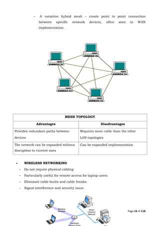 Page 14 of 118
- A variation hybrid mesh – create point to point connection
between specific network devices, often seen in WAN
implementation.
 WIRELESS NETWORKING
- Do not require physical cabling
- Particularly useful for remote access for laptop users
- Eliminate cable faults and cable breaks.
- Signal interference and security issue.
MESH TOPOLOGY
Advantages Disadvantages
Provides redundant paths between
devices
Requires more cable than the other
LAN topologies
The network can be expanded without
disruption to current uses
Can be expanded implementation
 