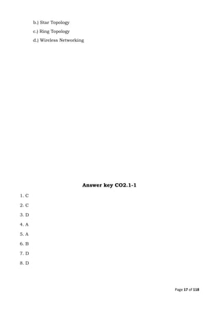 Page 17 of 118
b.) Star Topology
c.) Ring Topology
d.) Wireless Networking
Answer key CO2.1-1
1. C
2. C
3. D
4. A
5. A
6. B
7. D
8. D
 