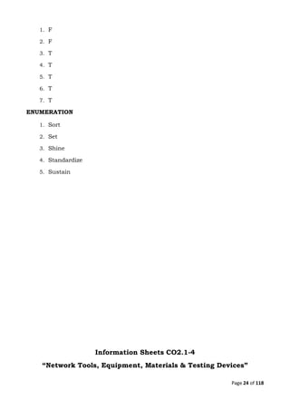 Page 24 of 118
1. F
2. F
3. T
4. T
5. T
6. T
7. T
ENUMERATION
1. Sort
2. Set
3. Shine
4. Standardize
5. Sustain
Information Sheets CO2.1-4
“Network Tools, Equipment, Materials & Testing Devices”
 