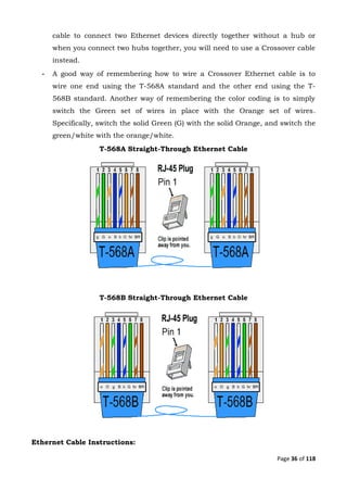 Page 36 of 118
cable to connect two Ethernet devices directly together without a hub or
when you connect two hubs together, you will need to use a Crossover cable
instead.
- A good way of remembering how to wire a Crossover Ethernet cable is to
wire one end using the T-568A standard and the other end using the T-
568B standard. Another way of remembering the color coding is to simply
switch the Green set of wires in place with the Orange set of wires.
Specifically, switch the solid Green (G) with the solid Orange, and switch the
green/white with the orange/white.
T-568A Straight-Through Ethernet Cable
T-568B Straight-Through Ethernet Cable
Ethernet Cable Instructions:
 