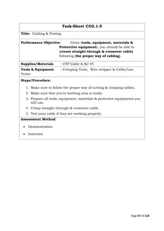 Page 47 of 118
Task-Sheet CO2.1-5
Title: Cabling & Testing
Performance Objective: Given (tools, equipment, materials &
Protective equipment), you should be able to
(create straight-through & crossover cable)
following (the proper way of cabling).
Supplies/Materials : UTP Cable & RJ 45
Tools & Equipment : Crimping Tools, Wire stripper & Cable/Lan
Tester
Steps/Procedure:
1. Make sure to follow the proper way of cutting & crimping cables.
2. Make sure that you’re working area is ready.
3. Prepare all tools, equipment, materials & protective equipments you
will use.
4. Crimp straight-through & crossover cable.
5. Test your cable if they are working properly.
Assessment Method:
 Demonstration
 Interview
 