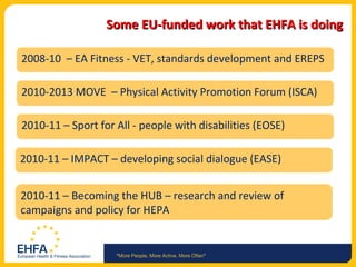 Some EU-funded work that EHFA is doing 2008-10  – EA Fitness - VET, standards development and EREPS 2010-2013 MOVE  – Physical Activity Promotion Forum (ISCA) 2010-11 – Sport for All - people with disabilities (EOSE) 2010-11 – Becoming the HUB – research and review of campaigns and policy for HEPA 2010-11 – IMPACT – developing social dialogue (EASE) 