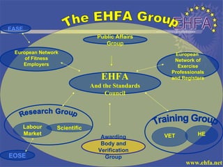 The EHFA Group EHFA And the Standards Council European  Network of Exercise Professionals and Registers European Network of Fitness Employers Awarding Body and Verification Group VET HE Training Group Labour Market Research Group  EASE EOSE Public Affairs Group Scientific 