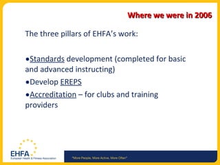Where we were in 2006 The three pillars of EHFA’s work: Standards  development (completed for basic and advanced instructing) Develop  EREPS Accreditation  – for clubs and training providers 