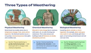 Three Types of Weathering
Physical Weathering
Rocks break into smaller pieces due to
temperature changes, frost, wind, and ice
expansion. No chemical reaction occurs —
it is purely a mechanical process that splits
and crumbles rock.
Key fact: Physical weathering is a
purely mechanical process — rocks
break apart with no change in their
chemical composition.
Chemical Weathering
Minerals in rocks change due to reactions
with water, air, or acids, forming new
substances. This is why statues and
buildings made of limestone are slowly
dissolved by acid rain.
Key fact: Chemical weathering
transforms the minerals in rocks
into entirely new substances through
chemical reactions.
Biological Weathering
Caused by plants, animals, or micro-
organisms. For example, plant roots grow
into cracks in rocks and slowly split them
apart, or burrowing animals loosen soil and
rock over time.
Key fact: Biological weathering shows
how living organisms actively
contribute to breaking down rocks
and shaping landscapes.
 
