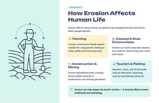 HUMAN IMPACT
How Erosion Affects
Human Life
Erosion affects many human occupations by changing the land and soil on
which people depend.
🌾Farming
Erosion removes the fertile topsoil
needed for crop growth, leading to
lower yields and food insecurity.
🏠Coastal & River
Communities
Erosion can wash away land, houses,
and roads for those living near rivers
and coasts.
🏗️Construction &
Mining
Erosion destabilises land, creating
serious safety hazards in
construction and mining operations.
🎣Tourism & Fishing
Beaches, rivers, and fertile lands
may be destroyed, impacting
tourism and fishing industries.
Erosion not only shapes the Earth's surface — it directly affects human
livelihoods and well-being.
 