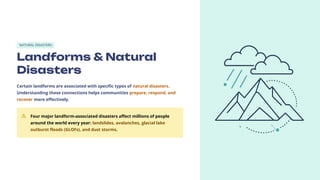 NATURAL DISASTERS
Landforms & Natural
Disasters
Certain landforms are associated with specific types of natural disasters.
Understanding these connections helps communities prepare, respond, and
recover more effectively.
Four major landform-associated disasters affect millions of people
around the world every year: landslides, avalanches, glacial lake
outburst floods (GLOFs), and dust storms.
 
