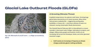 Glacial Lake Outburst Floods (GLOFs)
Fig. 2.29. Aftermath of a GLOF event — a village surrounded by
debris
A Growing Climate Threat
As global temperatures rise, glaciers melt faster, forming large
glacial lakes dammed by ice or loose moraines. When these
natural dams suddenly fail — triggered by earthquakes,
landslides, or heavy rain — enormous volumes of water are
released, causing catastrophic floods downstream.
The Chamoli flood of February 2021 in Uttarakhand is a recent
example: it destroyed roads, bridges, hydroelectric projects, and
villages, killing many people and livestock. GLOFs are an
increasing risk across the Himalayas, Andes, and other glaciated
mountain ranges.
GLOF events are increasing in frequency as climate
change accelerates glacier melting worldwide.
 