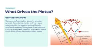 PLATE MOVEMENT
What Drives the Plates?
Convection Currents
The movement of tectonic plates is caused by convection
currents in the mantle. Heat from the Earth's core causes
molten material to rise toward the surface, while cooler
material sinks back down. This continuous circular movement
creates currents that push and pull the tectonic plates, causing
them to drift in different directions over millions of years.
 