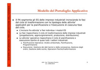 SISTEMI INFORMATIVI PER LA GESTIONE DELL’AZIENDA
                                                                           Modello del Portafoglio Applicativo

                                                   Il PA segmenta gli ES delle imprese industriali incrociando le fasi
                                                   del ciclo di trasformazione con la tipologia delle attivita’
                                                   applicabili per la pianificazione e l’esecuzione di ciascuna fase
                                                   del ciclo.
                                                      L’incrocio fra attivita’ e fasi individua i moduli ES
                                                      Le fasi rispecchiano il ciclo di trasformazione delle imprese industriali
                                                      (progettazione, approvigionamenti, produzione, distribuzione)
                                                      Le attivita’ operative rispecchiano il ciclo di pianificazione e
                                                      esecuzione tipiche di quasi tutti i settori industriali.
                                                          Pianificazione Operativa: Analisi ambientale, Pianificazione,
                                                          Programmazione
                                                          Esecuzione: Gestione dei dati tecnici e della conoscenza, Gestione degli
                                                          ordini, Gestione delle scorte, Operazioni fisiche/trasformazione




                                                                                dott. ing. Francesco Guerra                          8
                                                                                       a.a. 2009/2010
             2
 