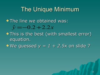 The Unique Minimum The line we obtained was: This is the best (with smallest error) equation. We guessed  y = 1 + 2.5x  on slide 7 