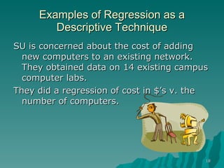 Examples of Regression as a Descriptive Technique SU is concerned about the cost of adding new computers to an existing network.  They obtained data on 14 existing campus computer labs. They did a regression of cost in $’s v. the number of computers. 