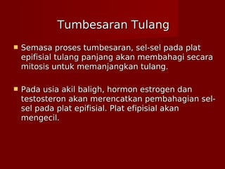 Tumbesaran TulangTumbesaran Tulang
 Semasa proses tumbesaran, sel-sel pada platSemasa proses tumbesaran, sel-sel pada plat
epifisial tulang panjang akan membahagi secaraepifisial tulang panjang akan membahagi secara
mitosis untuk memanjangkan tulang.mitosis untuk memanjangkan tulang.
 Pada usia akil baligh, hormon estrogen danPada usia akil baligh, hormon estrogen dan
testosteron akan merencatkan pembahagian sel-testosteron akan merencatkan pembahagian sel-
sel pada plat epifisial. Plat efipisial akansel pada plat epifisial. Plat efipisial akan
mengecil.mengecil.
 
