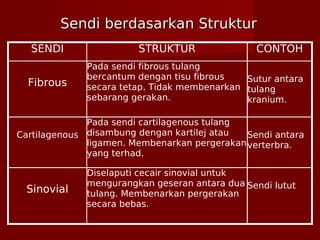Sendi berdasarkan StrukturSendi berdasarkan Struktur
SENDI STRUKTUR CONTOH
Fibrous
Pada sendi fibrous tulang
bercantum dengan tisu fibrous
secara tetap. Tidak membenarkan
sebarang gerakan.
Sutur antara
tulang
kranium.
Cartilagenous
Pada sendi cartilagenous tulang
disambung dengan kartilej atau
ligamen. Membenarkan pergerakan
yang terhad.
Sendi antara
verterbra.
Sinovial
Diselaputi cecair sinovial untuk
mengurangkan geseran antara dua
tulang. Membenarkan pergerakan
secara bebas.
Sendi lutut
 