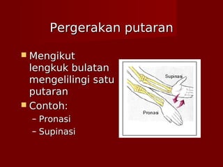 Pergerakan putaranPergerakan putaran
 MengikutMengikut
lengkuk bulatanlengkuk bulatan
mengelilingi satumengelilingi satu
putaranputaran
 Contoh:Contoh:
– PronasiPronasi
– SupinasiSupinasi
 
