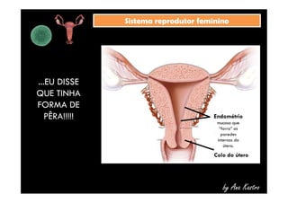 SSiisstteemmaa rreepprroodduuttoorr ffeemmiinniinnoo 
...EU DISSE 
QUE TINHA 
FORMA DE 
PÊRA!!!!! 
Endométrio 
mucosa que 
“forra” as 
paredes 
internas do 
útero. 
Colo do útero 
by Ana Kastro 
 