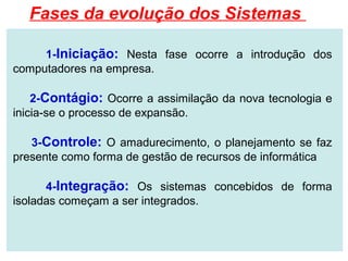 Fases da evolução dos Sistemas

     1-Iniciação: Nesta fase ocorre a introdução dos
computadores na empresa.

    2-Contágio: Ocorre a assimilação da nova tecnologia e
inicia-se o processo de expansão.

   3-Controle: O amadurecimento, o planejamento se faz
presente como forma de gestão de recursos de informática

      4-Integração: Os sistemas concebidos de forma
isoladas começam a ser integrados.
 