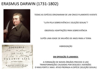 ERASMUS DARWIN (1731-1802)

               TODAS AS ESPÉCIES ORIGINARAM DE UM ÚNICO FILAMENTO VIVENTE


                       “LUTA PELA SOBREVIVÊNCIA E SELEÇÃO SEXUAL”?


                        OBSERVOU ADAPTAÇÕES PARA SOBREVIVÊNCIA


                    SUPÔS UMA IDADE DE MILHÕES DE ANOS PARA A TERRA


                                      HIBRIDIZAÇÃO



                                EM OPOSIÇÃO À LAMARCK:

                       A FORMAÇÃO DE NOVOS ÓRGÃOS PRECEDE O USO
                   TRANSFORMAÇÕES CAUSADAS POR DESEJOS E AVERSÕES
               O MAIS FORTE E MAIS ATIVO PROPAGA A ESPÉCIE (SELEÇÃO SEXUAL)
 