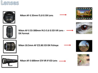 Nikon AF-S 35mm f1.8 G DX Lens




Nikon AF-S 55-300mm f4.5-5.6 G ED VR Lens -
DX Format



Nikon 10.5mm AF f/2.8G ED DX Fisheye




 Nikon AF-S 600mm f/4 VR IF-ED Lens
 