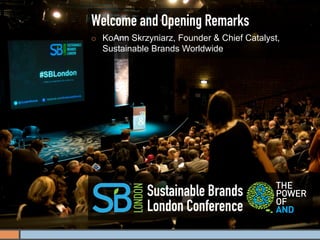 Welcome and Opening Remarks
¡    KoAnn Skrzyniarz, Founder & Chief Catalyst,
      Sustainable Brands Worldwide




                Sustainable Brands
                London Conference
 