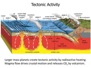 Tectonic Activity
Larger mass planets create tectonic activity by radioactive heating.
Magma flow drives crustal motion and releases C02 by volcanism.
 