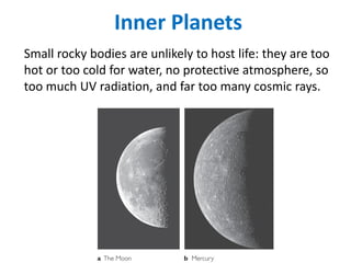 Small rocky bodies are unlikely to host life: they are too
hot or too cold for water, no protective atmosphere, so
too much UV radiation, and far too many cosmic rays.
Inner Planets
 