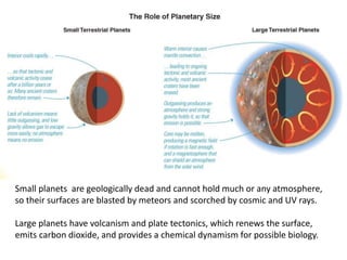 Small planets are geologically dead and cannot hold much or any atmosphere,
so their surfaces are blasted by meteors and scorched by cosmic and UV rays.
Large planets have volcanism and plate tectonics, which renews the surface,
emits carbon dioxide, and provides a chemical dynamism for possible biology.
 