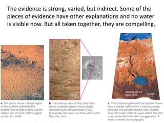 The evidence is strong, varied, but indirect. Some of the
pieces of evidence have other explanations and no water
is visible now. But all taken together, they are compelling.
 