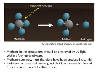 • Methane in the atmosphere should be destroyed by UV light
within a few hundred years.
• Methane seen now must therefore have been produced recently.
• Variations in space and time suggest that it was recently released
from the subsurface in localized areas.
UV photons have enough energy to break molecules apart
 
