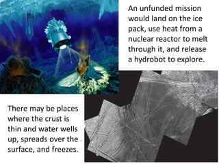 There may be places
where the crust is
thin and water wells
up, spreads over the
surface, and freezes.
An unfunded mission
would land on the ice
pack, use heat from a
nuclear reactor to melt
through it, and release
a hydrobot to explore.
 