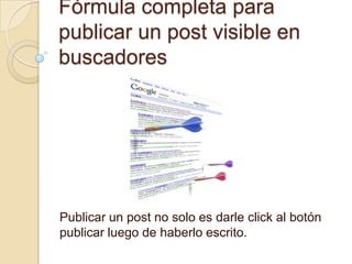 Fórmula completa para
publicar un post visible en
buscadores
Publicar un post no solo es darle click al botón
publicar luego de haberlo escrito.
 