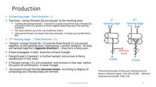 Production
• 1st twisting stage: Twist direction : S
• Two basic roving /threads (G) are passed to the twisting zone
• Leading decorating thread Z is wound in a spiral around the basic threads (G)
and covers them to a greater or lesser degree depending upon the twisting
condition.
• The twist reaches up to the nip of delivery rollers
• Decorative thread runs faster than basic threads , no twist are transferred to
this.
• 2nd Twisting stage: ( Twist direction : Z )
• Twisted roving/ thread (G + Z) and the fixed thread (F) are passed
together to the twisting zone maintaining a certain distance . As they
are twisted together ( opposite direction ) , they form a fancy yarn
• Z twist propagate in both branches of twist triangle.
• Fixing thread ( Z twisted ) is further twisted and arrives in fancy
twisted yarn in this state.
• S-Twisted rovings ( G ) are untwisted and remains in free sate before
the point of combination in twist triangle
• Decorative thread thereby becomes looser according to degree of
untwisting and thereby loops are formed.
R Chatopadhyay IITD 24 14
1st
twisting stage
2nd
Twisting stage
S twist Z twist
Z
F
Decorative
thread
Theoretical principles of fancy yarn twisting: by Erich
Marton, Melliand English, E242-243, 8/1987 , Melliand
Textileberichte 8/1987, P546- 550
 