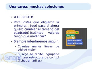 Una tarea, muchas soluciones
●

●

●

¡CORRECTO!
Para los/as que eligieron la
primera... ¿qué pasa si ahora
quiero cambiar el tamaño del
cuadrado?¿cuántos
valores
tengo que modificar?
Siempre intentaremos seguir:
●

●

Cuantas menos
código mejor.

líneas

de

Si algo se repite, agruparlo
en una estructura de control
(fichas amarillas)

 