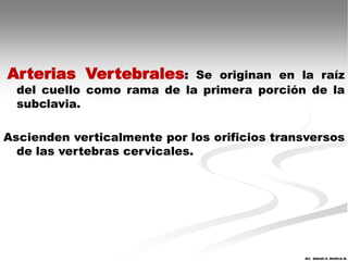 Arterias Vertebrales:       Se originan en la raíz
  del cuello como rama de la primera porción de la
  subclavia.

Ascienden verticalmente por los orificios transversos
  de las vertebras cervicales.




                                              MV. EDGAR H. MURCIA M.
 