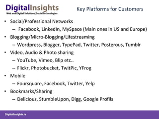 Key Platforms for Customers Social/Professional Networks Facebook, LinkedIn, MySpace (Main ones in US and Europe) Blogging/Micro-Blogging/Lifestreaming Wordpress, Blogger, TypePad, Twitter, Posterous, Tumblr  Video, Audio & Photo sharing YouTube, Vimeo, Blip etc..  Flickr, Photobucket, TwitPic, YFrog Mobile Foursquare, Facebook, Twitter, Yelp  Bookmarks/Sharing Delicious, StumbleUpon, Digg, Google Profils 