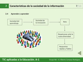 TIC aplicadas a la Educación. A-1 Grupo NA – 8. Alberto Campoy Rodríguez
2 Características de la sociedad de la información
2.4 Aprender a aprender
Sociedad del
aprendizaje
Sociedad de
la innovación Reto
Respuestas
rápidas y fiables
Respetuosas ante la
nueva diversidad
7/13
 