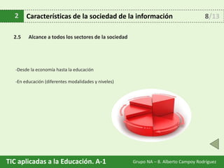 TIC aplicadas a la Educación. A-1 Grupo NA – 8. Alberto Campoy Rodríguez
2.5 Alcance a todos los sectores de la sociedad
2 Características de la sociedad de la información
-Desde la economía hasta la educación
-En educación (diferentes modalidades y niveles)
8/13
 