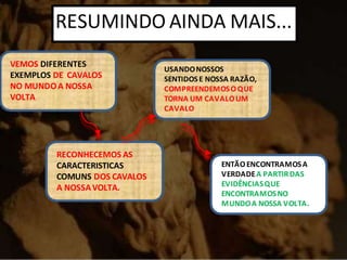 RESUMINDO AINDA MAIS...
VEMOS DIFERENTES
EXEMPLOS DE CAVALOS
NO MUNDOA NOSSA
VOLTA
RECONHECEMOS AS
CARACTERISTICAS
COMUNS DOS CAVALOS
A NOSSAVOLTA.
USANDONOSSOS
SENTIDOSE NOSSA RAZÃO,
COMPREENDEMOSOQUE
TORNA UM CAVALOUM
CAVALO
ENTÃOENCONTRAMOSA
VERDADEA PARTIRDAS
EVIDÊNCIASQUE
ENCONTRAMOSNO
MUNDOA NOSSA VOLTA.
 