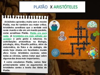 Platão x Aristoteles:
Aristóteles aprendeu muito com o mestre
Platão, mas foi também seu maior crítico.
Aristóteles acreditava que a verdade está
neste mundo e não em um mundo paralelo,
como acreditava Platão. Platão era pura
razão, já Aristóteles era mais voltado aos
sentidos e pelo gosto à natureza. As
contribuições aristotélicas na Biologia,
psicologia, ética, filosofia política, além da
matemática, da física e da zoologia, são
ainda hoje citadas em faculdades mundo
afora Como Aristóteles escreveu sobre
todas as ciências, vamos tratar aqui sobre
algumasdas áreasmais importantes.
E como estudamos Platão, vamos falar
primeiramente sobre os argumentos de
Aristóteles contra a teoria das ideias de
Platão.
PLATÃO X ARISTÓTELES
 