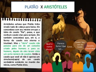 Platão x Aristoteles:
Aristóteles achava que Platão tinha
virado tudo de cabeça para baixo. Ele
concordava com seu mestre em que a
ideia de cavalo “flui”, passa, e que
nenhum cavalo vive para sempre. Ele
também concordava que, em si, a
forma do cavalo era eterna e
imutável. Mas a “ideia” cavalo não
passava para ele de um conceito
criado pelos homens e para os
homens, depois de eles terem visto
um certo número de cavalos. Então o
cavalo que você vê não é apenas um
simulacro(copia) de um cavalo
verdadeiro existente no mundo das
ideias, como Platão dizia.
PLATÃO X ARISTÓTELES
Qual o
nome
disso?
Parece
forte! Que
tal...
Cava...
Cavalo! Tem
cara de
Cavalo
Cavalo,
cavalinho!
 