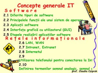 [object Object],[object Object],[object Object],[object Object],[object Object],Concepte generale  IT 2.6  LAN, WAN 2.7  Intranet, Extranet 2.8  Internetul 2.9  Utilizarea telefonului pentru conectarea la Internet 2.10  Definirea termenilor semnal analogic, semnal digital, modem, rată de transfer (măsurată în biţi pe secundă) prof. Claudia Cziprok S o f t w a r e   R   e   ţ   e   l   e  i   n   f   o   r   m   a   ţ   i   o   n   a   l   e 