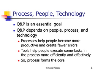 Sofware Process 3
Process, People, Technology
 Q&P is an essential goal
 Q&P depends on people, process, and
technology
 Processes help people become more
productive and create fewer errors
 Tools help people execute some tasks in
the process more efficiently and effectively
 So, process forms the core
 