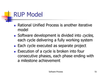 Sofware Process 51
RUP Model
 Rational Unified Process is another iterative
model
 Software development is divided into cycles,
each cycle delivering a fully working system
 Each cycle executed as separate project
 Execution of a cycle is broken into four
consecutive phases, each phase ending with
a milestone achievement
 