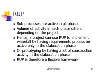 Sofware Process 57
RUP
 Sub processes are active in all phases
 Volume of activity in each phase differs
depending on the project
 Hence, a project can use RUP to implement
waterfall by having requirements process be
active only in the elaboration phase
 Or prototyping by having a lot of construction
activity in the elaboration phase
 RUP is therefore a flexible framework
 