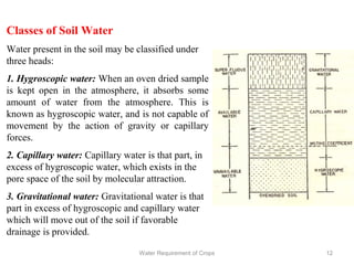 Classes of Soil Water
Water present in the soil may be classified under
three heads:
1. Hygroscopic water: When an oven dried sample
is kept open in the atmosphere, it absorbs some
amount of water from the atmosphere. This is
known as hygroscopic water, and is not capable of
movement by the action of gravity or capillary
forces.
2. Capillary water: Capillary water is that part, in
excess of hygroscopic water, which exists in the
pore space of the soil by molecular attraction.
3. Gravitational water: Gravitational water is that
part in excess of hygroscopic and capillary water
which will move out of the soil if favorable
drainage is provided.
12Water Requirement of Crops
 